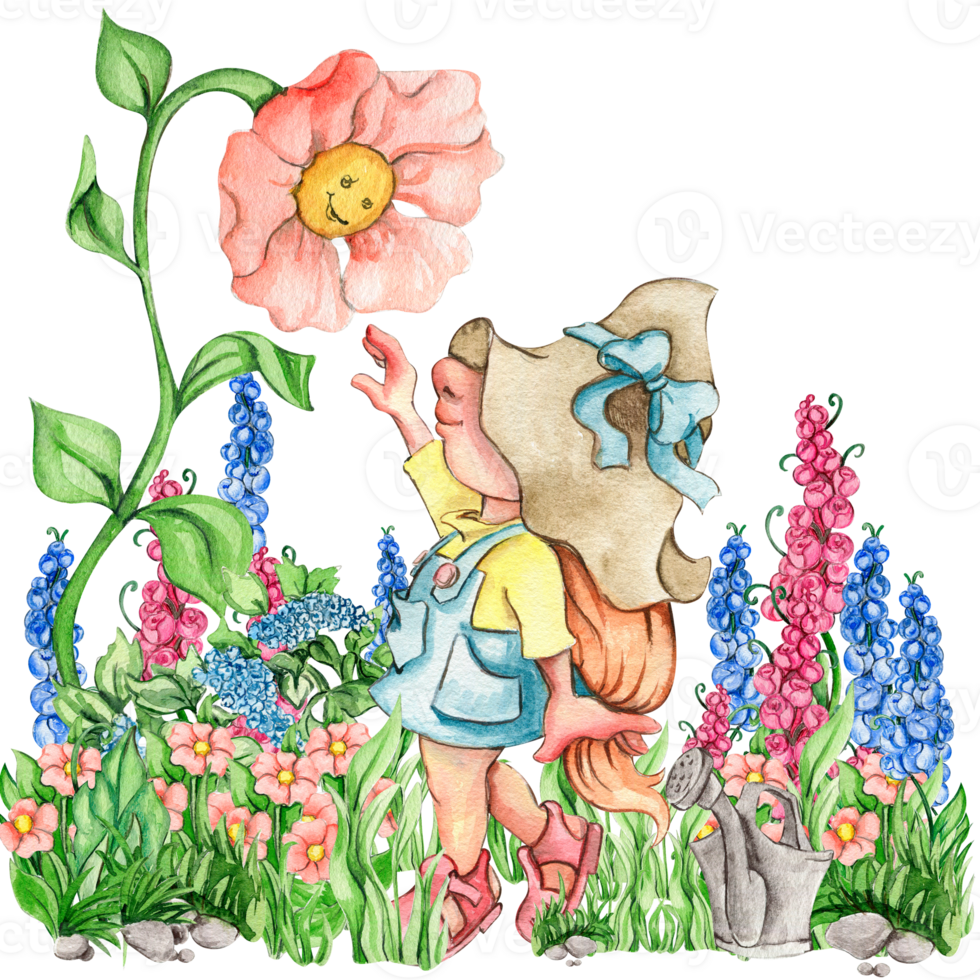 Composition of watercolor hand drawn cute Nordic Scandinavian gnomes and flowers and leaves watercolor illustration. png