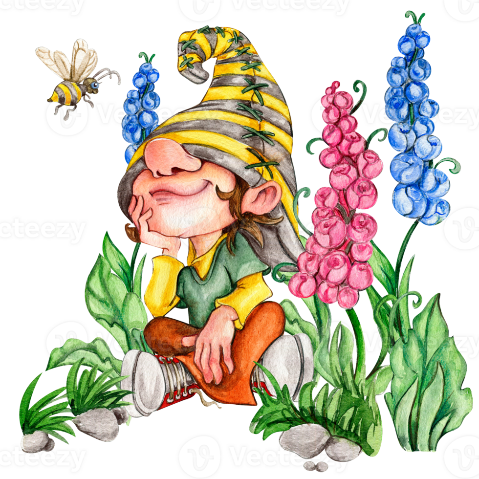 Composition of watercolor hand drawn cute Nordic Scandinavian gnomes and flowers and leaves watercolor illustration. png