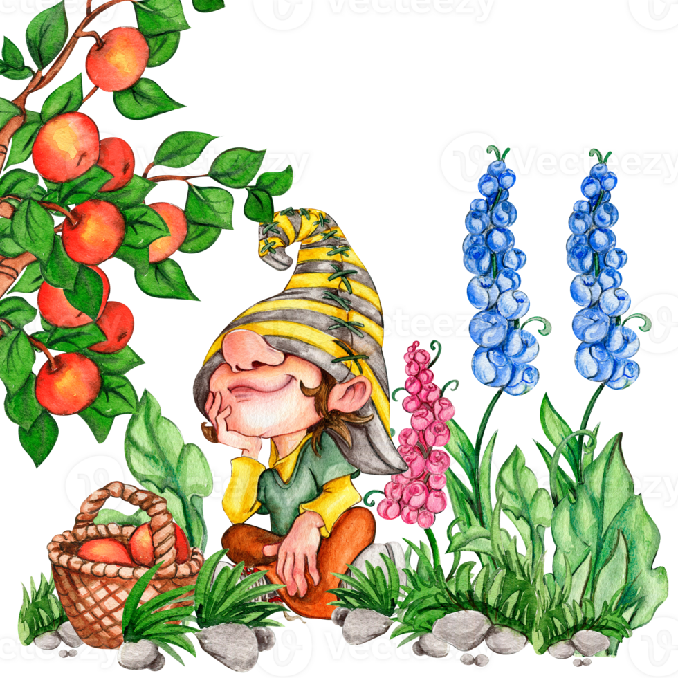 Composition of watercolor hand drawn cute Nordic Scandinavian gnomes and flowers and leaves watercolor illustration. png