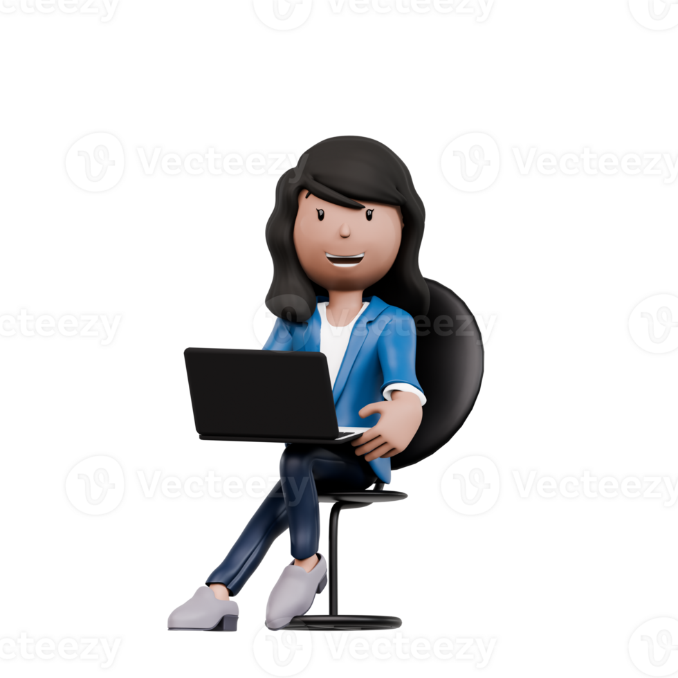 A woman is sitting on a chair with a laptop in front of her. She is smiling and she is enjoying her work. Concept of productivity and positivity png