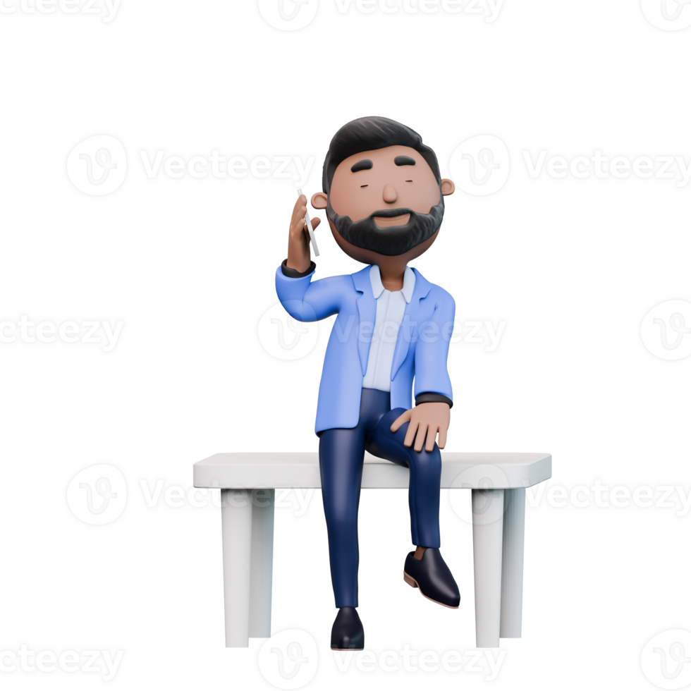 Businessman in a blue suit is sitting on a bench and talking on his cell phone. Concept of relaxation and leisure, as the man is not in a hurry and is enjoying his conversation png