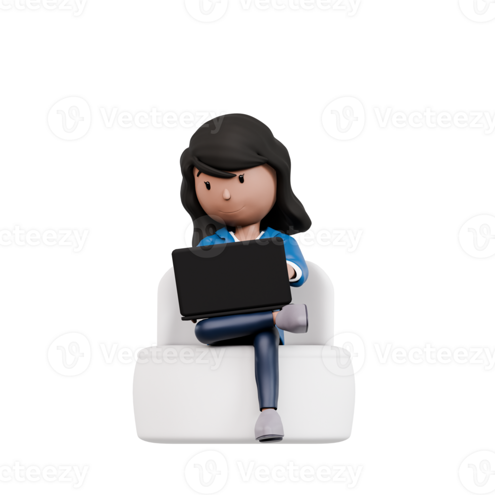 A woman is sitting on a couch with a laptop in front of her. She is focused on her work, possibly typing or browsing the internet. Concept of productivity and concentration png
