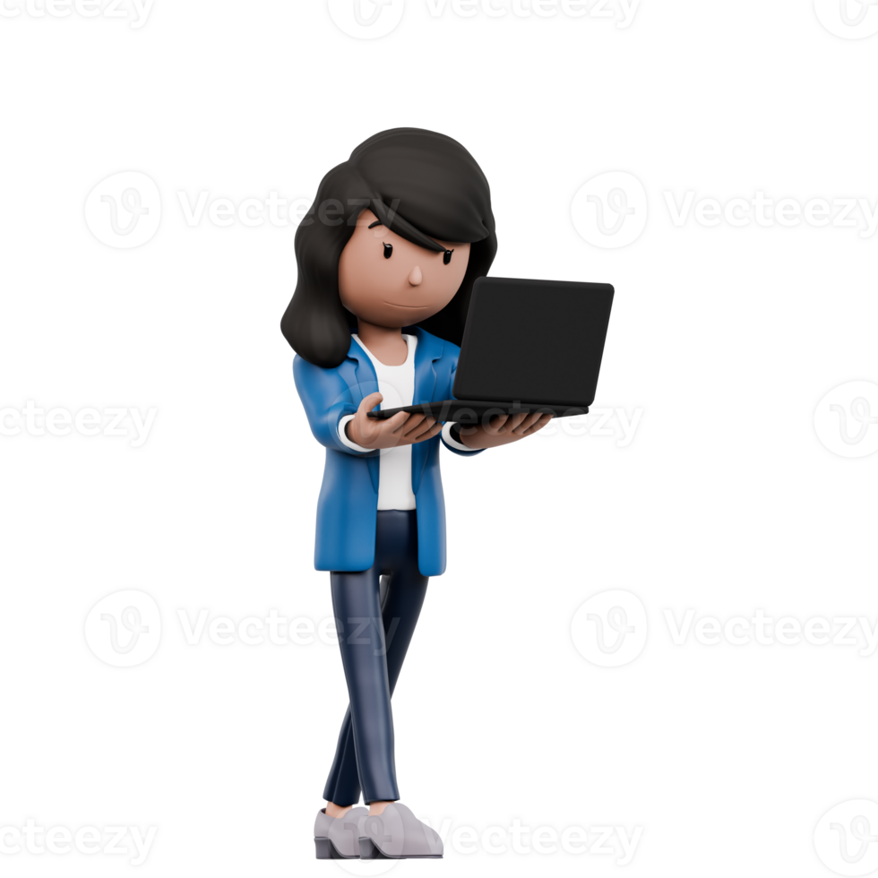 A woman is holding a laptop in her hand. She is wearing a blue business suit png