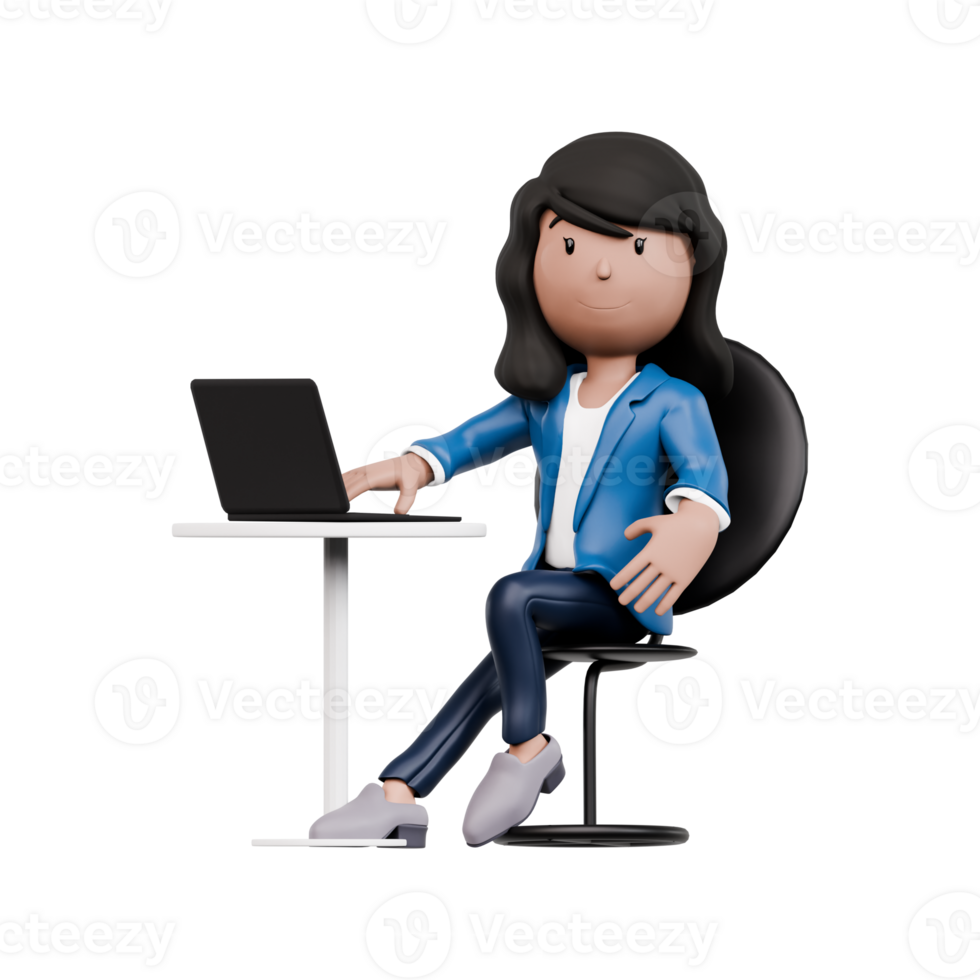 A woman is sitting at a table with a laptop in front of her. She is wearing a blue suit and blue jeans png