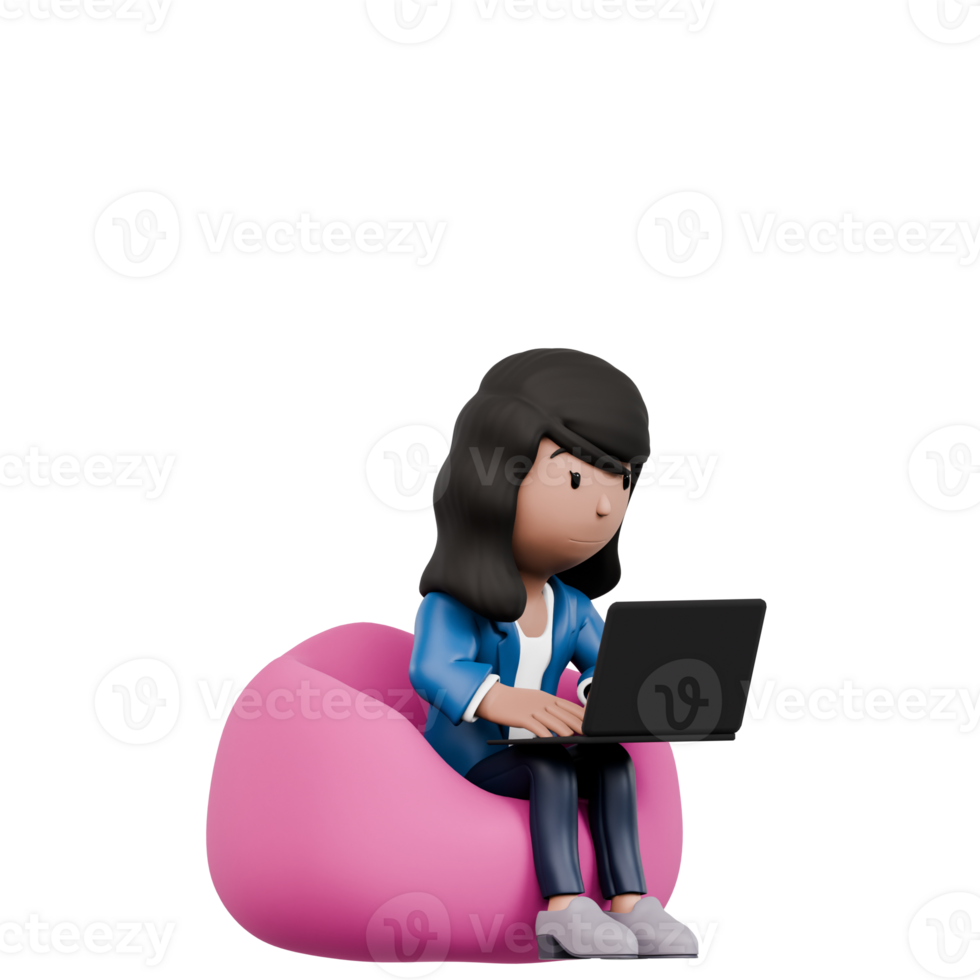 A woman is sitting on a pink bubble chair and using a laptop. She is focused on her work and she is in a serious mood png