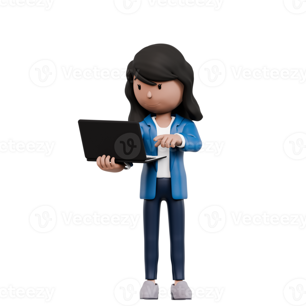 A woman is standing in front of a laptop computer. She is wearing a blue business suit png