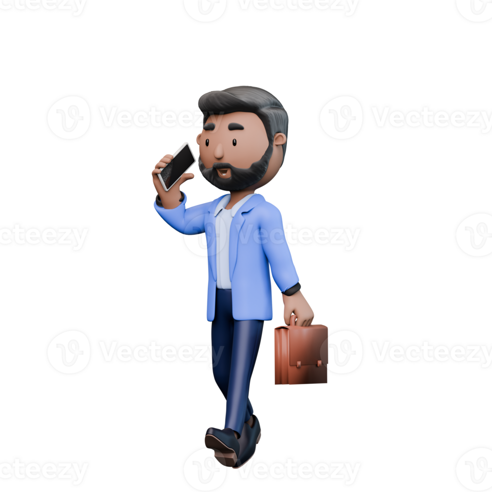 Businessman in a blue suit is talking on his cell phone while holding a briefcase. Concept of professionalism and busyness, as the man is likely on his way to or from work png