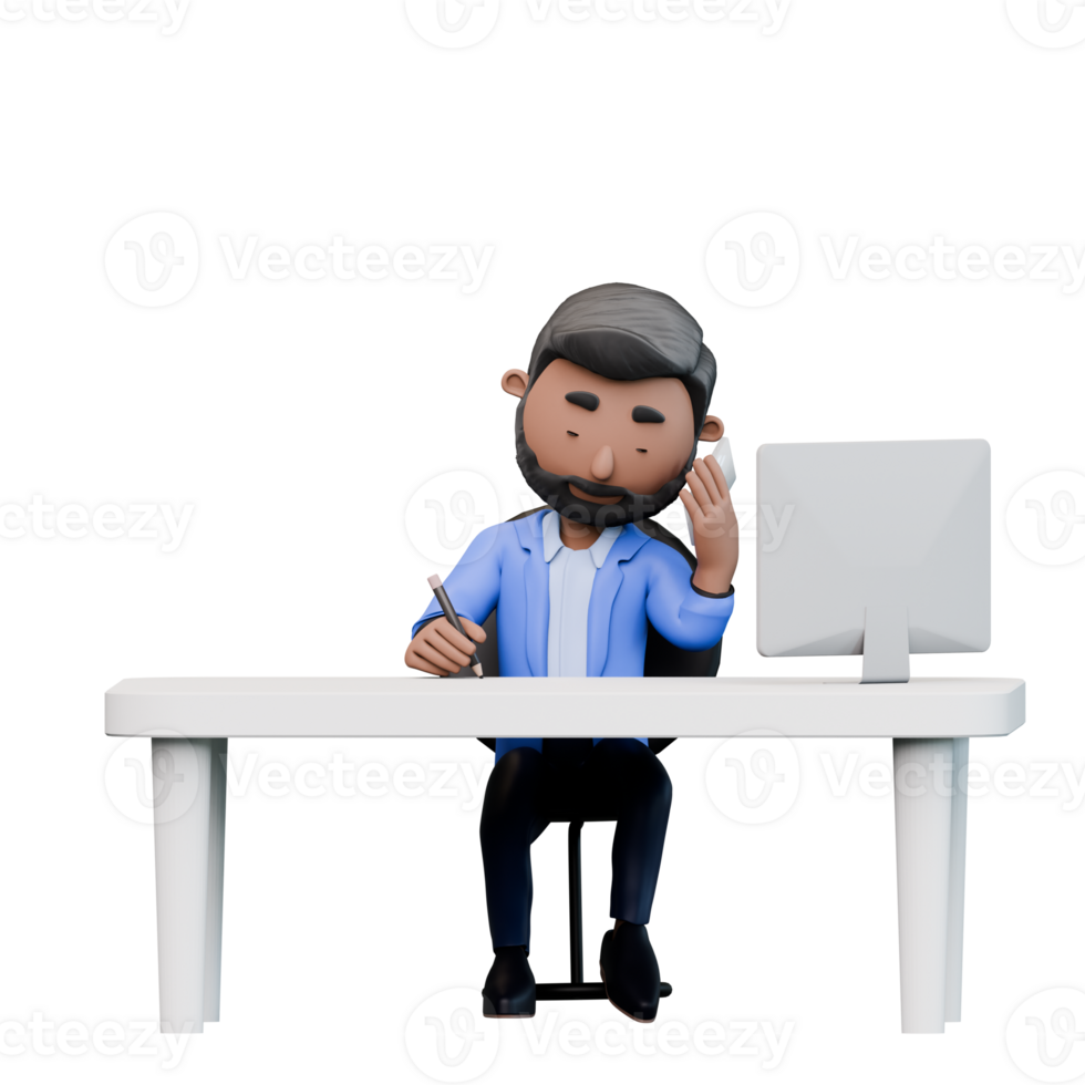 businessman is sitting at a desk with a computer and a pen. He is writing something on a piece of paper png