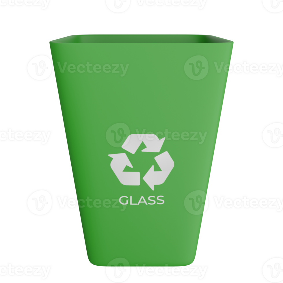 3D illustration of a green glass waste bin with a glass recycling symbol png