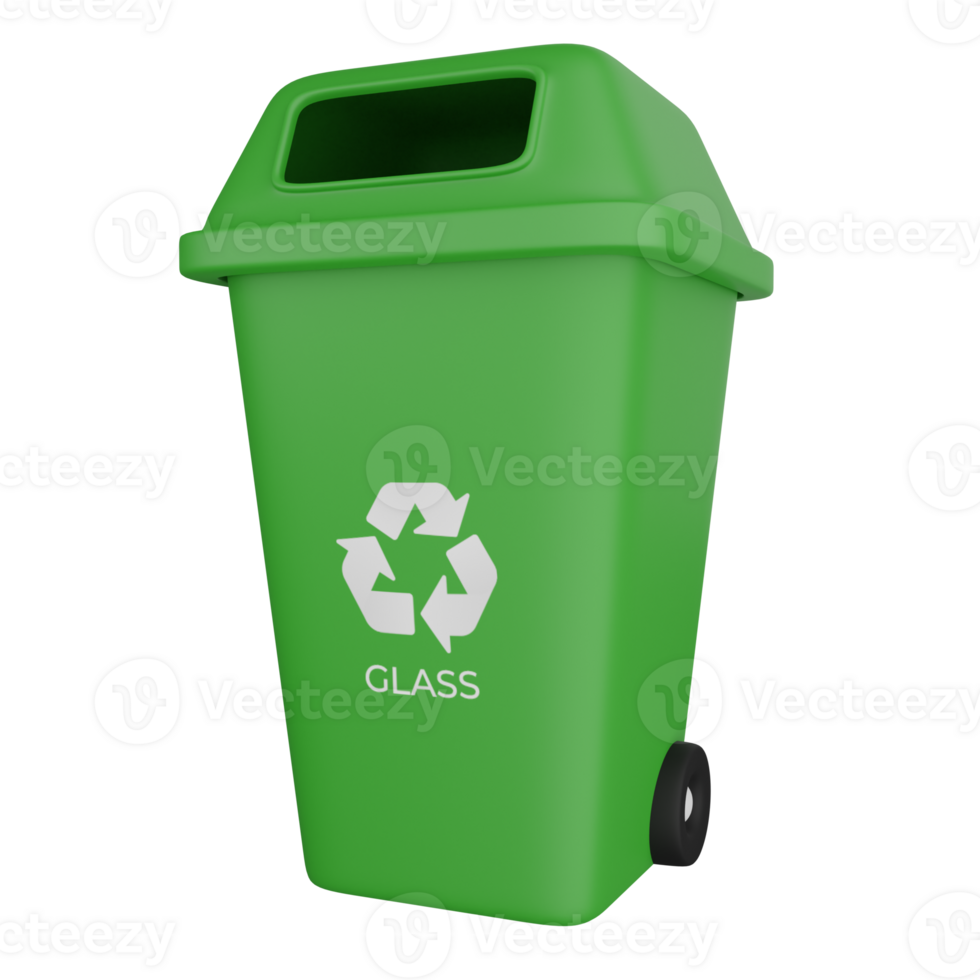 3D illustration of a green glass waste bin with a glass recycling symbol png