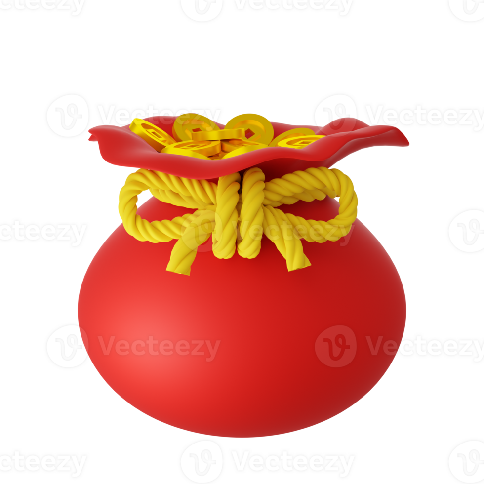 3D illustrations of a Chinese lucky bag with a lot of gold coins png