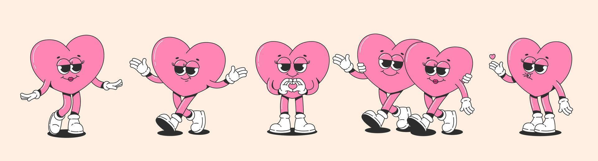 Groovy heart characters in retro cartoon style. Stickers in Love concept for Happy Valentines day. Vector illustration in y2k style.