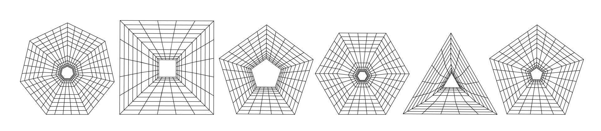 Set of wireframe tunnels in different shapes. Collection of lowpoly 3D polygonal wormhole. Grid Geometry vector illustration