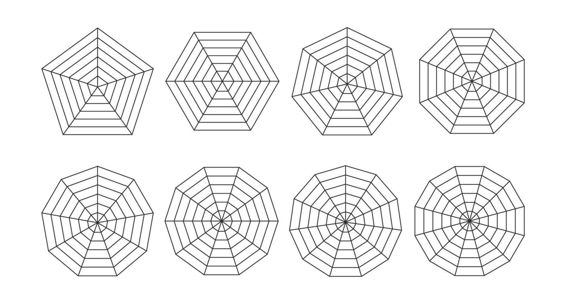 Set of black polar grid. Spider Radar Chart Diagram. pentagon, quadrilateral, hexagon, octagon. Vector illustration.