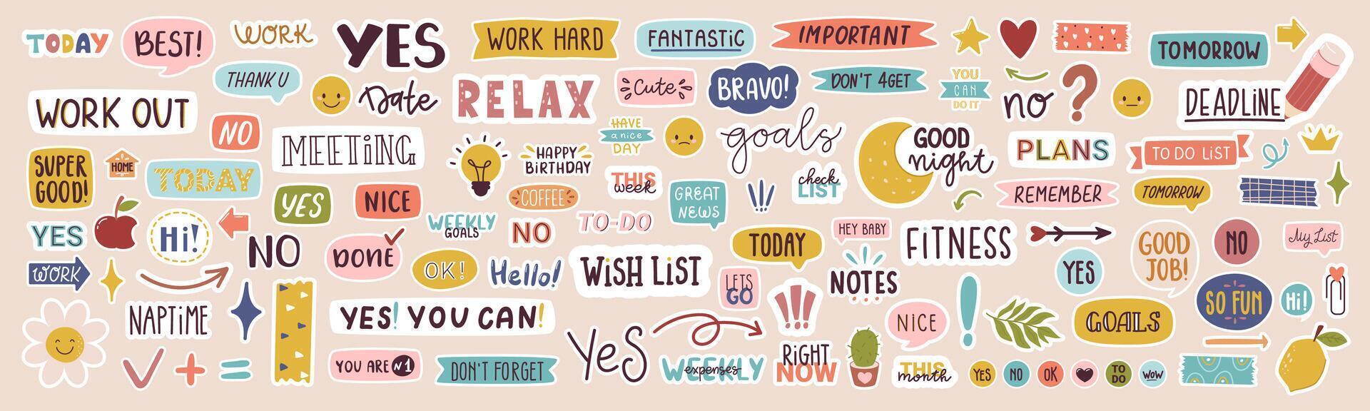 Large collection of stickers for daily planner including images and quotes. Vector illustration.