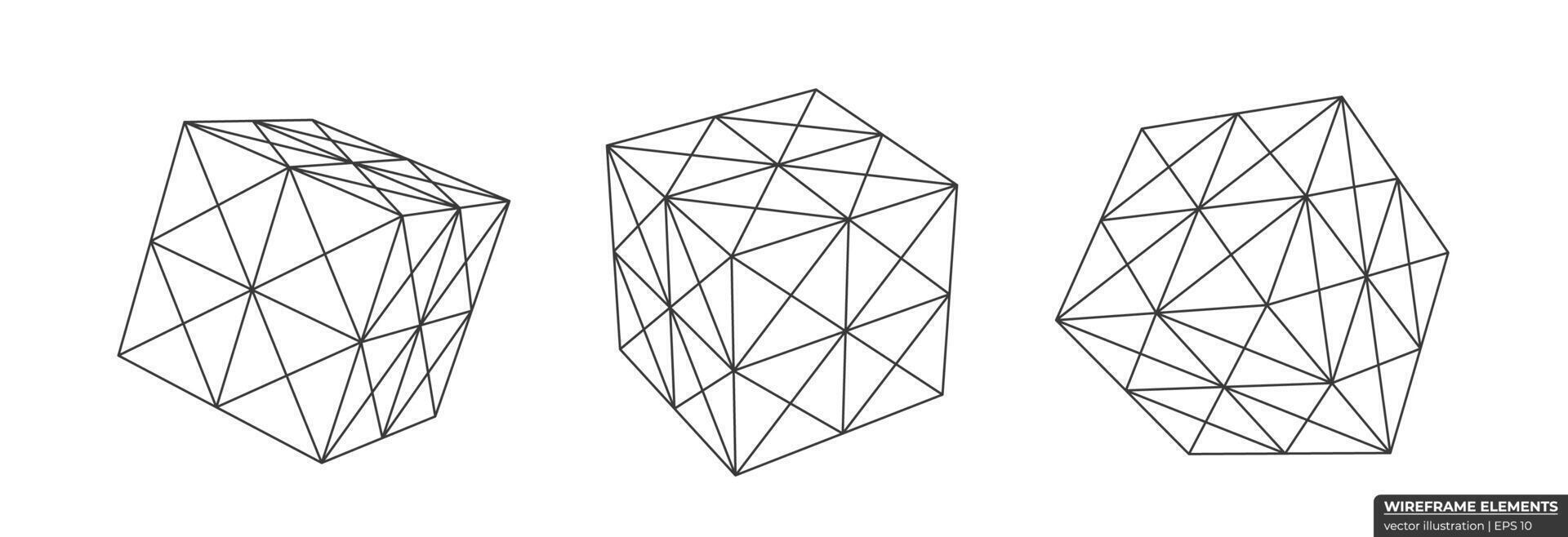 Set of wireframe cube from different sides. Collection of lowpoly 3D polygonal shapes. Cube Grid Geometry vector illustration