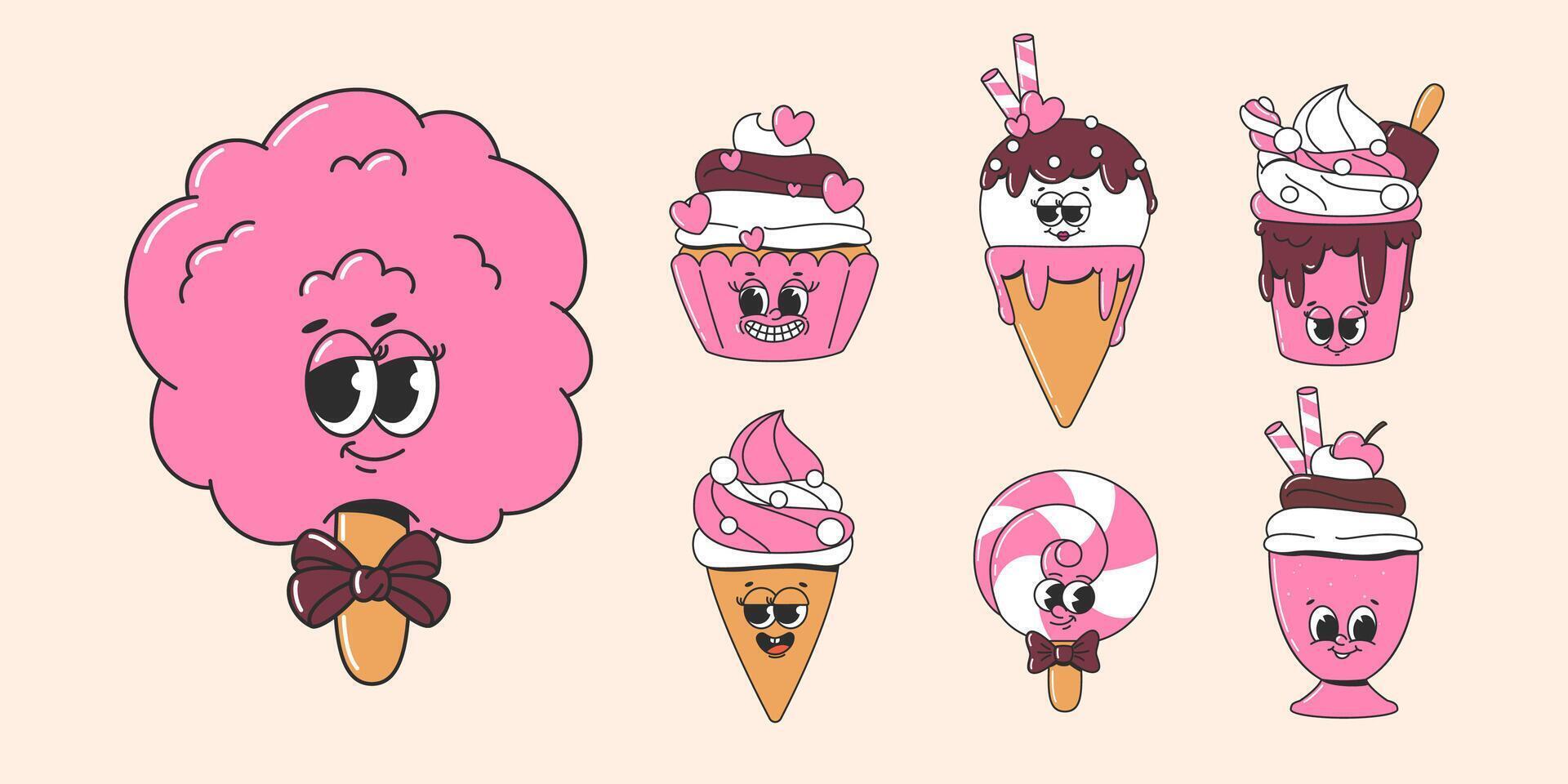 Groovy ice cream, cupcake, lollipop, milk shake in retro cartoon style. Stickers cafe, restaurant, bar. Vector illustration in y2k style.
