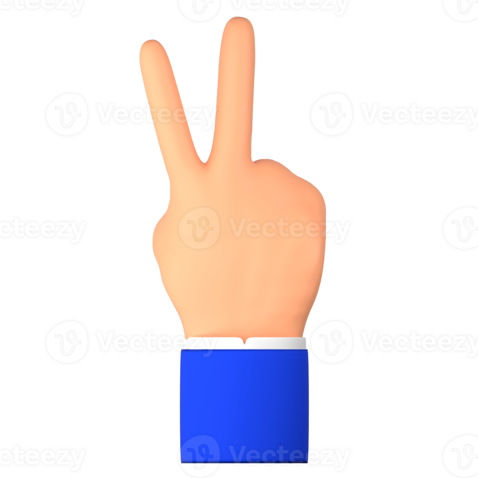 hand with a peace symbol or showing the number two on his finger 3d illustration png