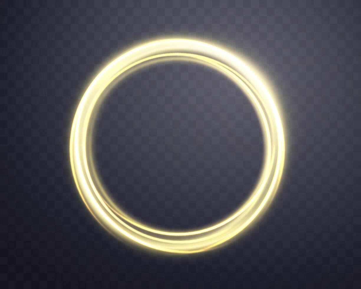 Gold magic glowing ring with smoke. Neon realistic energy flare halo ring. Abstract light effect on a dark background. Vector illustration.