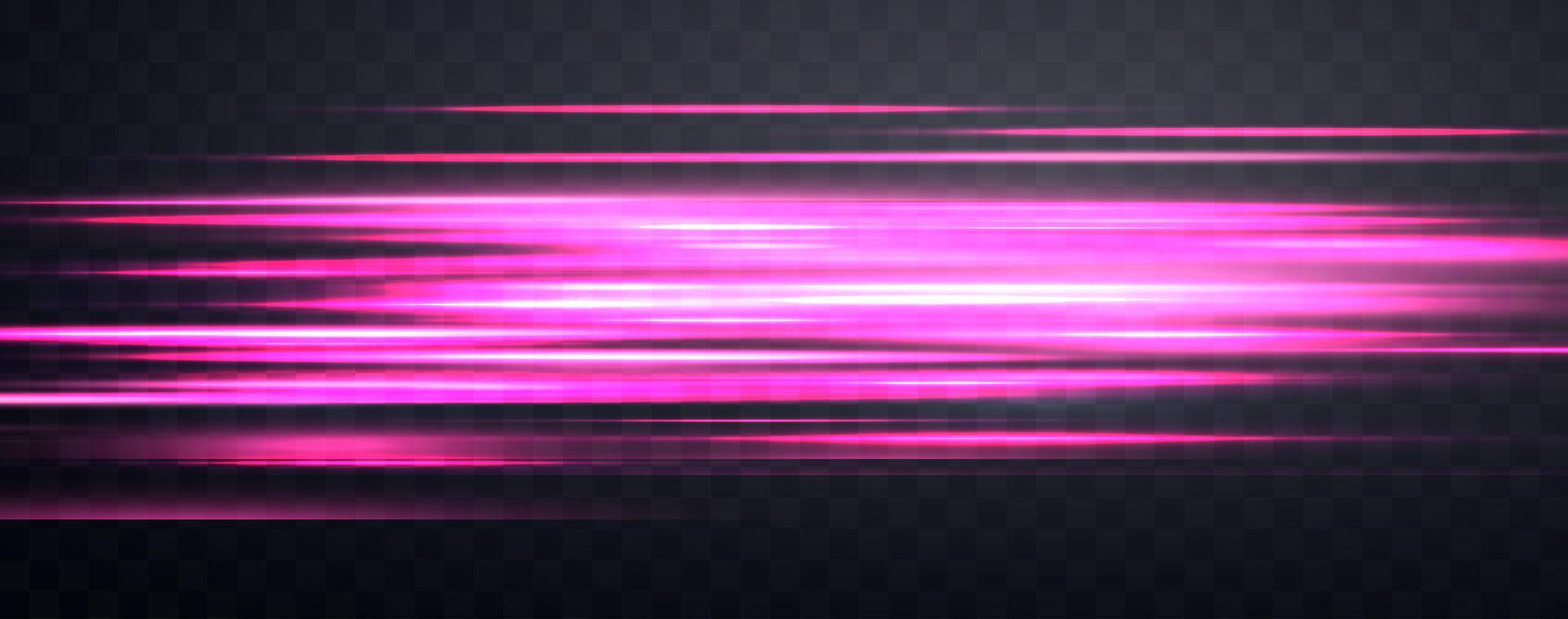 Speed rays, velocity light neon flow, zoom in motion effect, pink glow speed lines, colorful light trails, stripes. Abstract background, vector illustration.