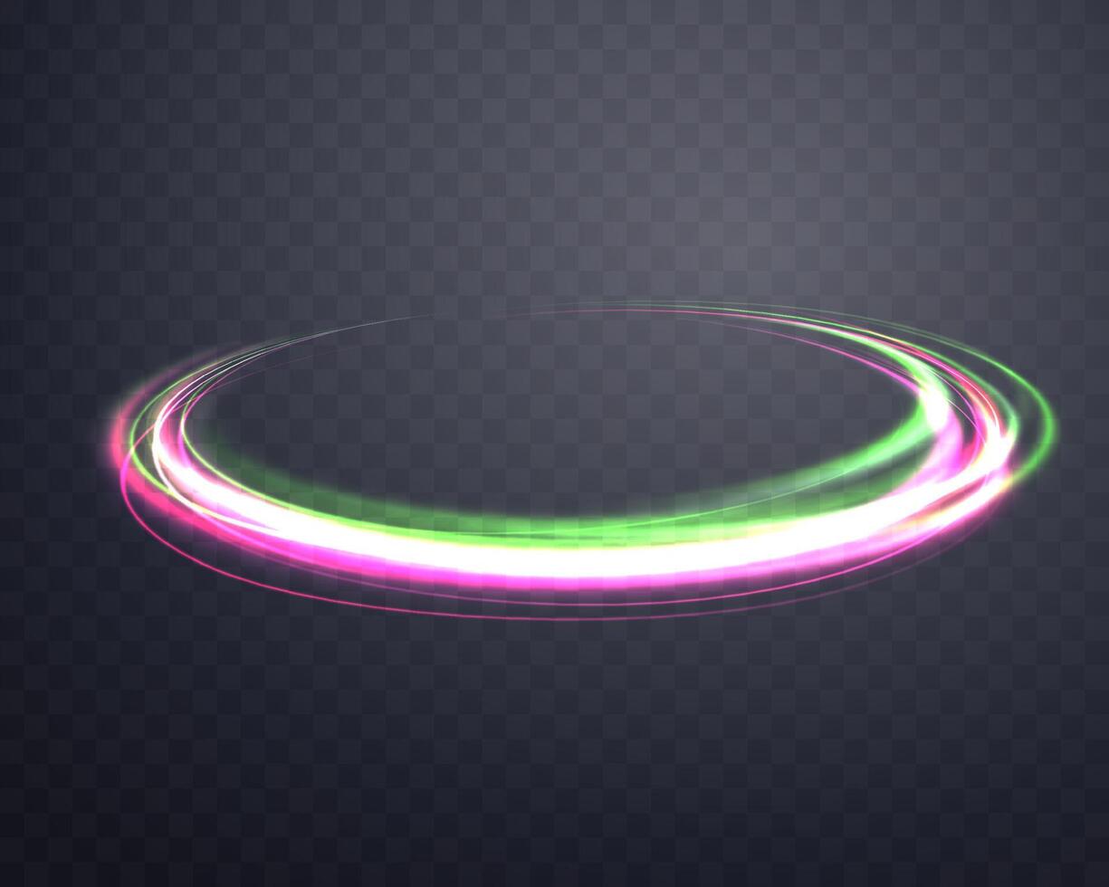 brillante rosado magia anillos dinámica orbital llamarada aureola anillo. neón realista energía silbido remolino. resumen ligero efecto en un oscuro antecedentes. vector ilustración.