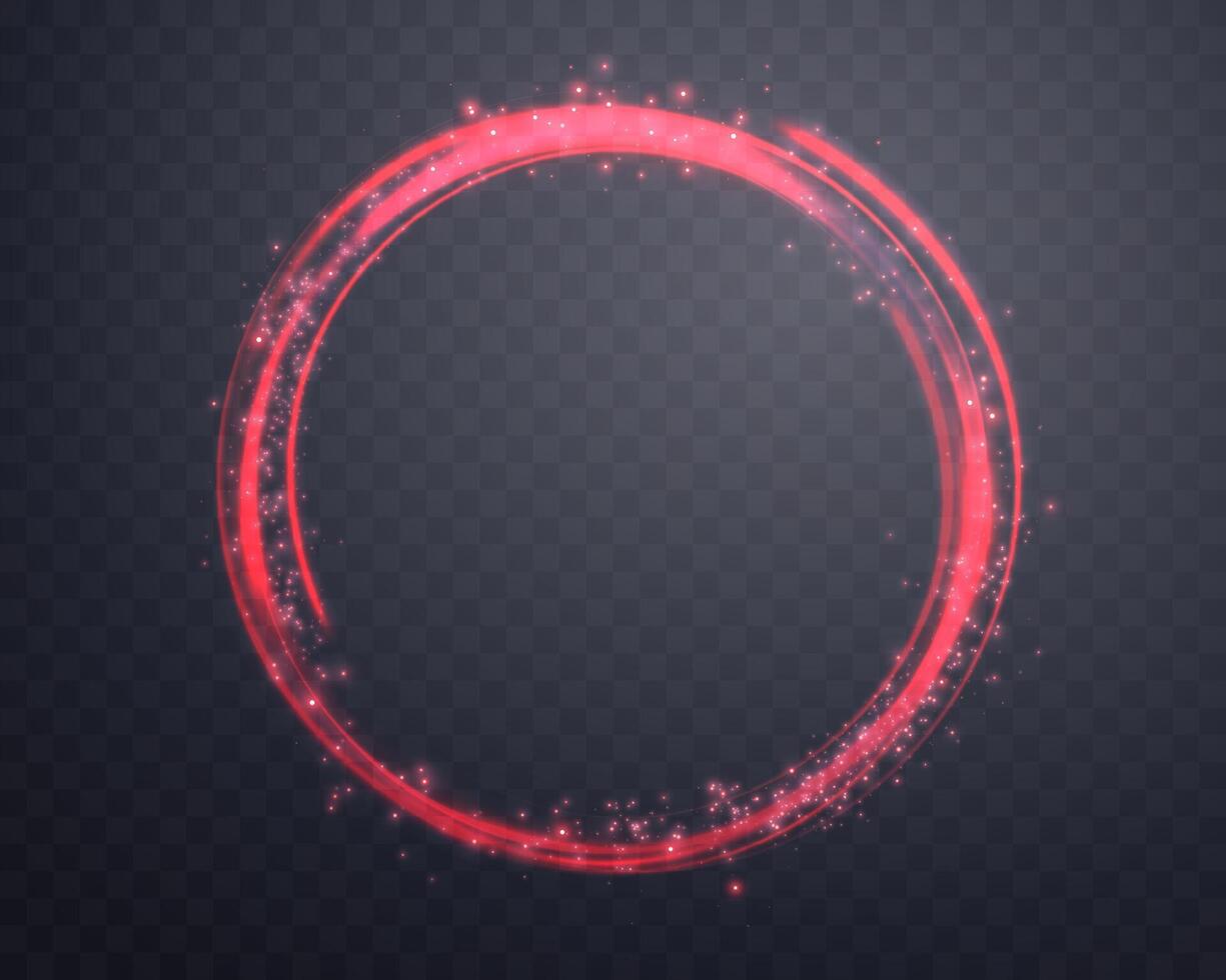 Red magic ring with glowing. Neon realistic energy flare halo ring. Abstract light effect on a dark background. Vector illustration.