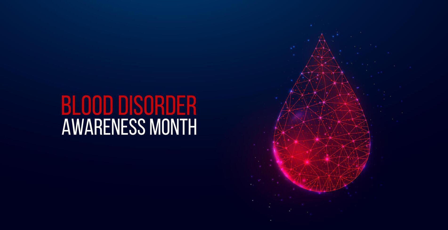 March is Bleeding Disorders Awareness Month concept. Banner with glowing low poly red blood drop on dark blue background. Vector illustration.