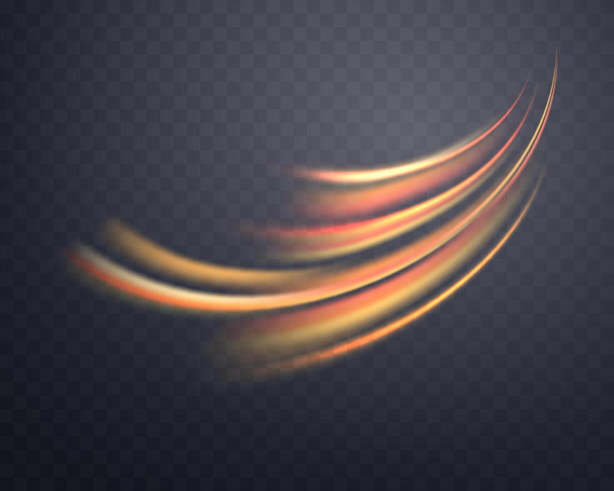 Glowing orange lines. Neon realistic energy speed. Abstract light effect on a dark  background. Vector illustration.