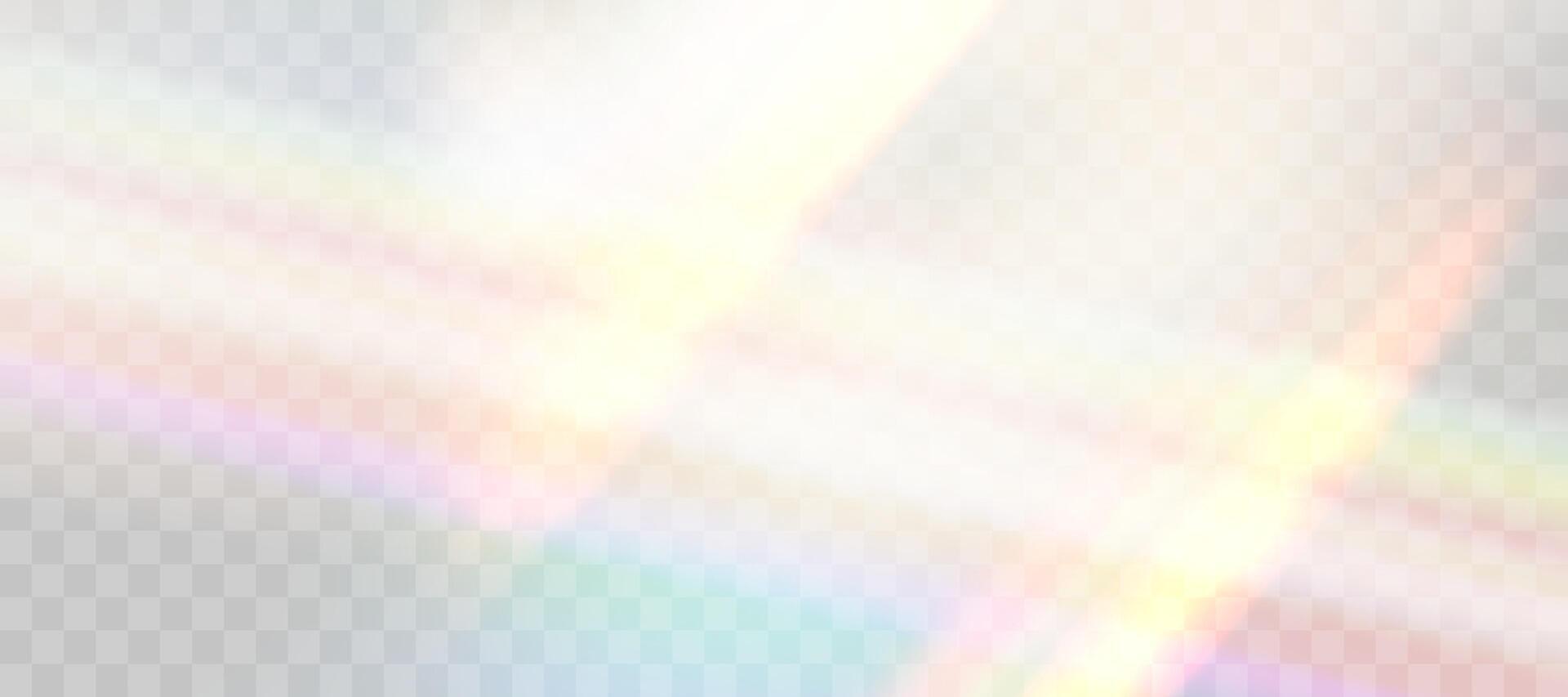 Blurred rainbow refraction overlay effect. Light lens prism effect. Holographic reflection, crystal flare leak shadow overlay. Vector abstract illustration.