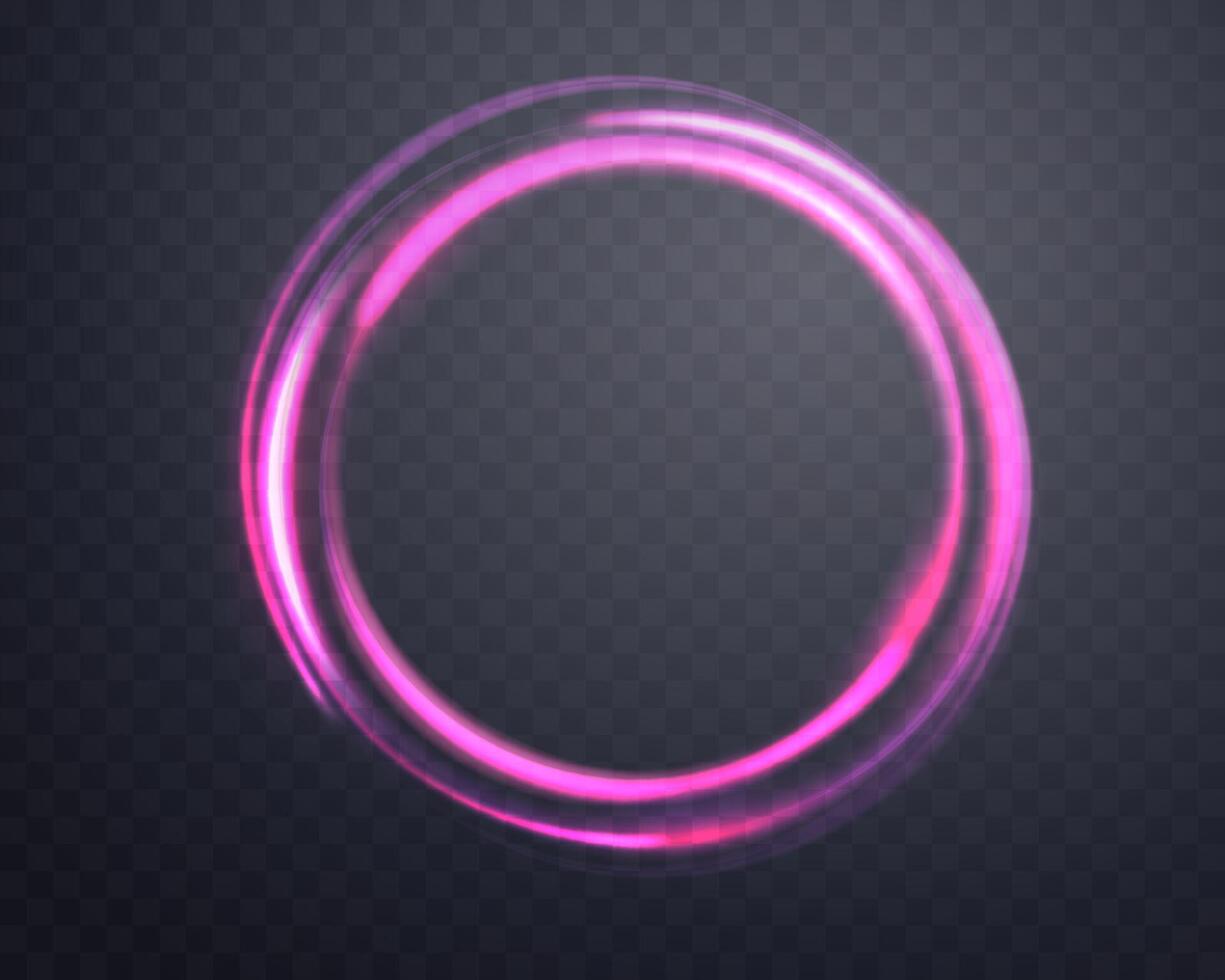 Pink magic ring with glowing. Neon realistic energy flare halo ring. Abstract light effect on a dark background. Vector illustration.