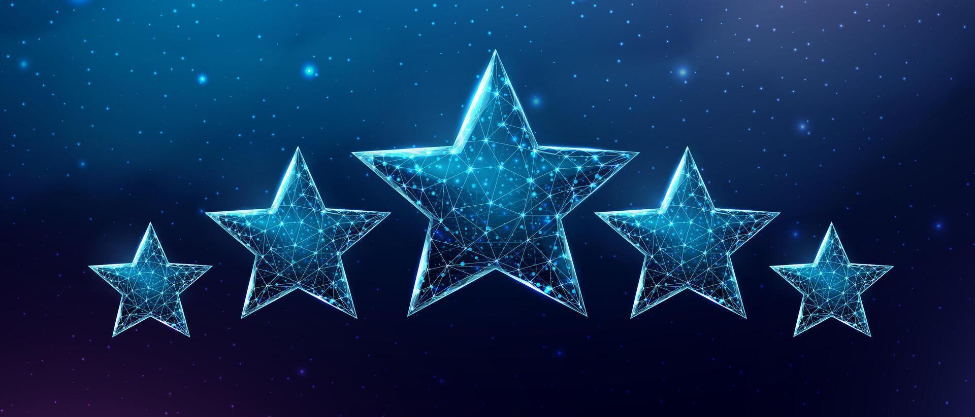 Wireframe five stars, low poly style. Success, winner, rating concept. Abstract modern 3d vector illustration on dark blue background.
