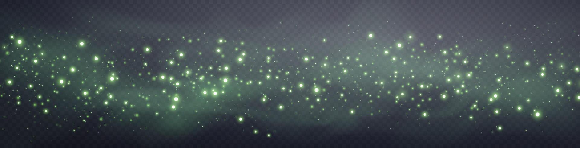 Green glittering dots, particles, stars magic sparks. Dust cloud flare light effect. Green luminous points with smoke. Vector particles