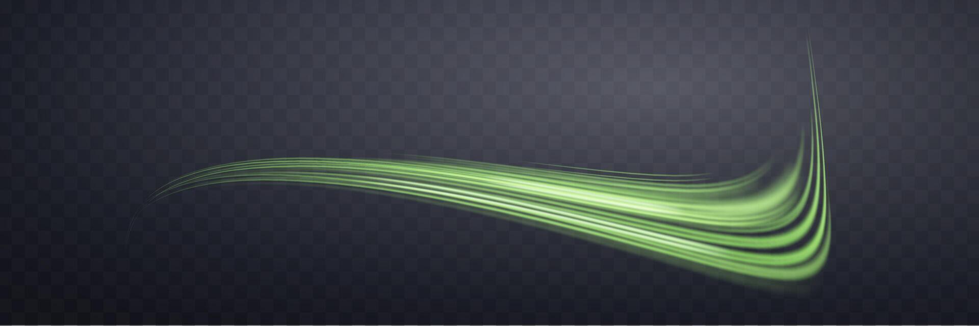 Glowing green lines. Neon realistic energy speed. Abstract light effect on a dark background. Vector illustration.