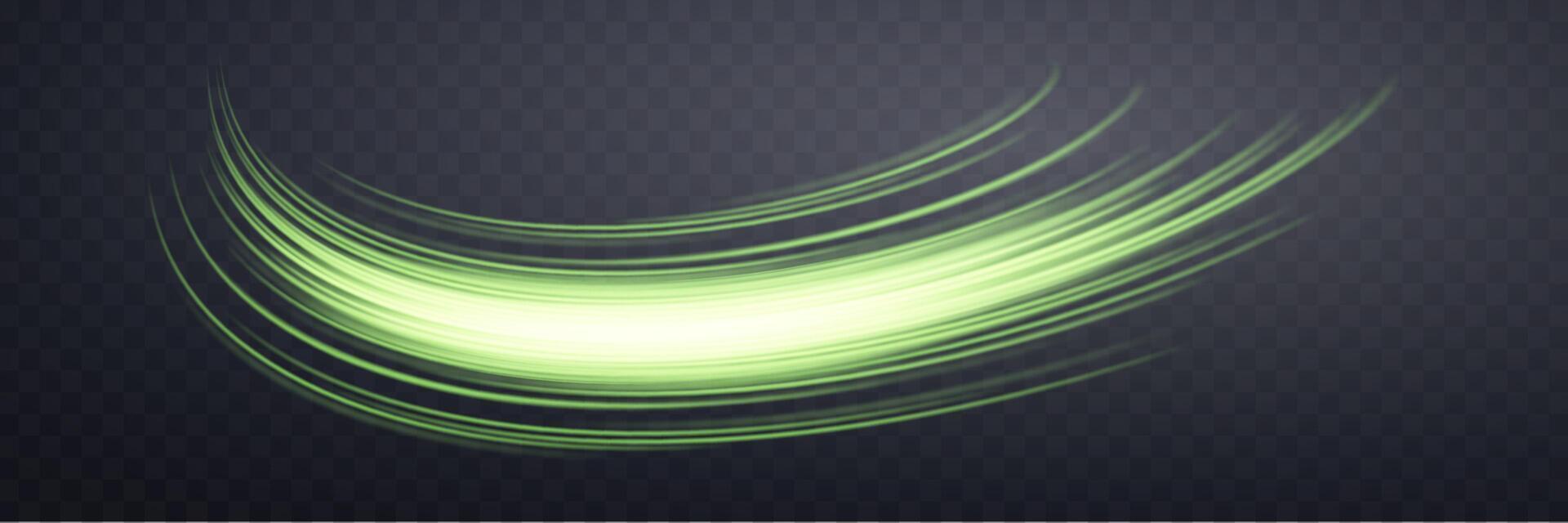 Glowing green lines. Neon realistic energy speed. Abstract light effect on a dark background. Vector illustration.