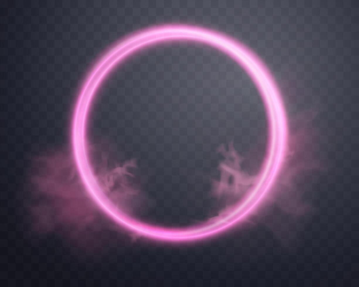 Pink magic ring with glowing. Neon realistic energy flare halo ring. Abstract light effect on a dark background. Vector illustration.