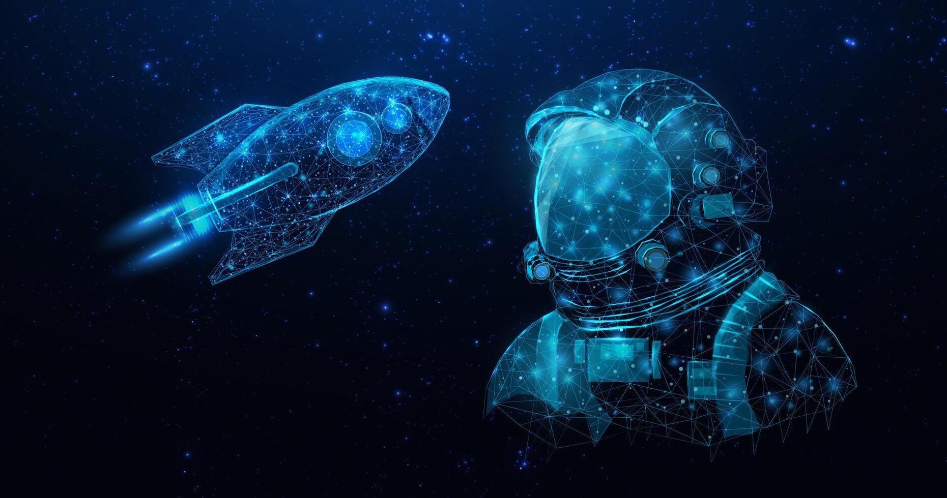 Astronaut in space galaxy with rocket close up. Futuristic polygonal cosmonaut helmet, space concept, wireframe cyber vector illustration. Starry abstract background with glowing human.