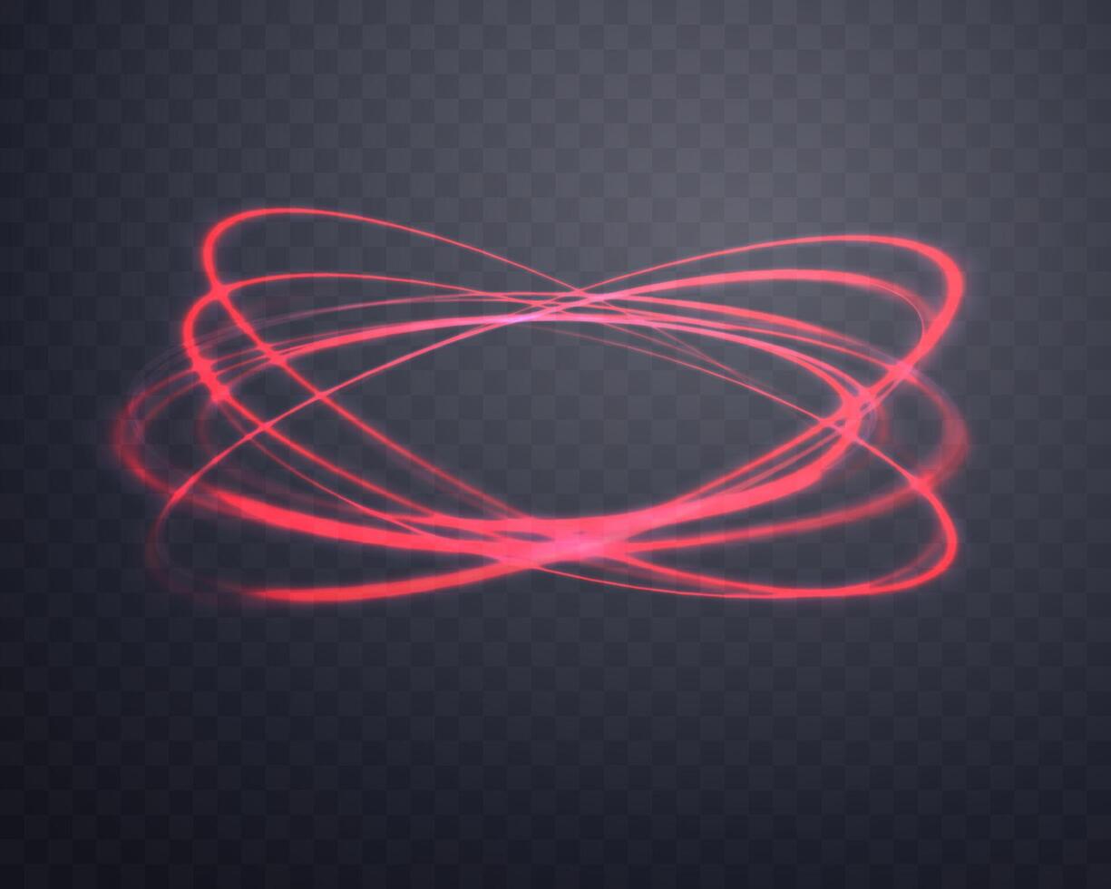 Glowing red magic rings. Neon realistic energy swirl. Abstract light effect on a dark background. Vector illustration.