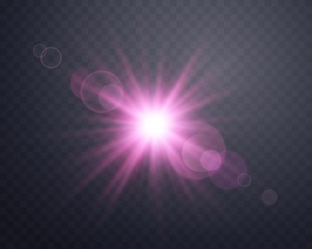Sunlight lens flare, sun flash with rays and spotlight. Pink glowing burst explosion on a background. Vector illustration.