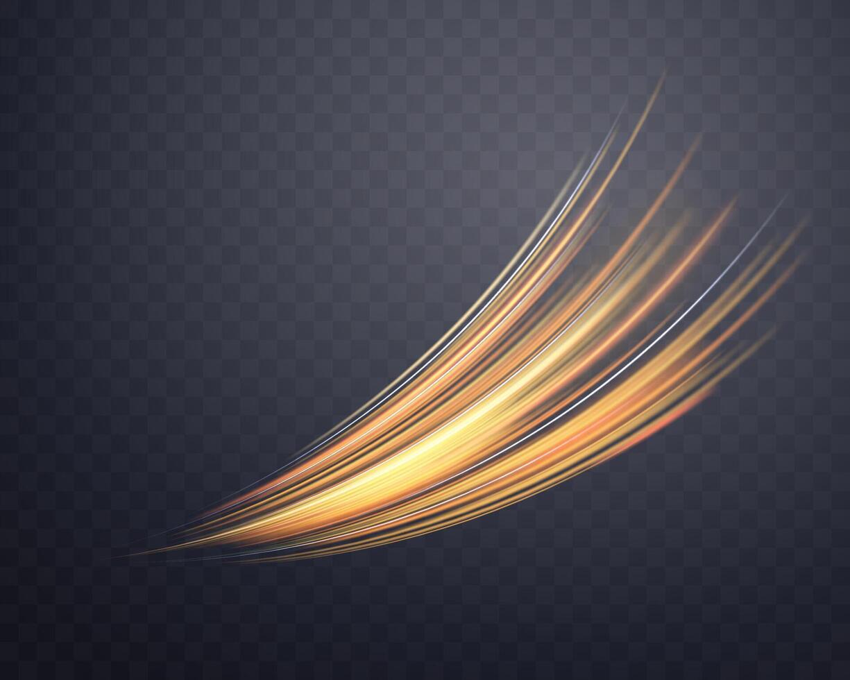 Glowing orange lines. Neon realistic energy speed. Abstract light effect on a dark background. Vector illustration.