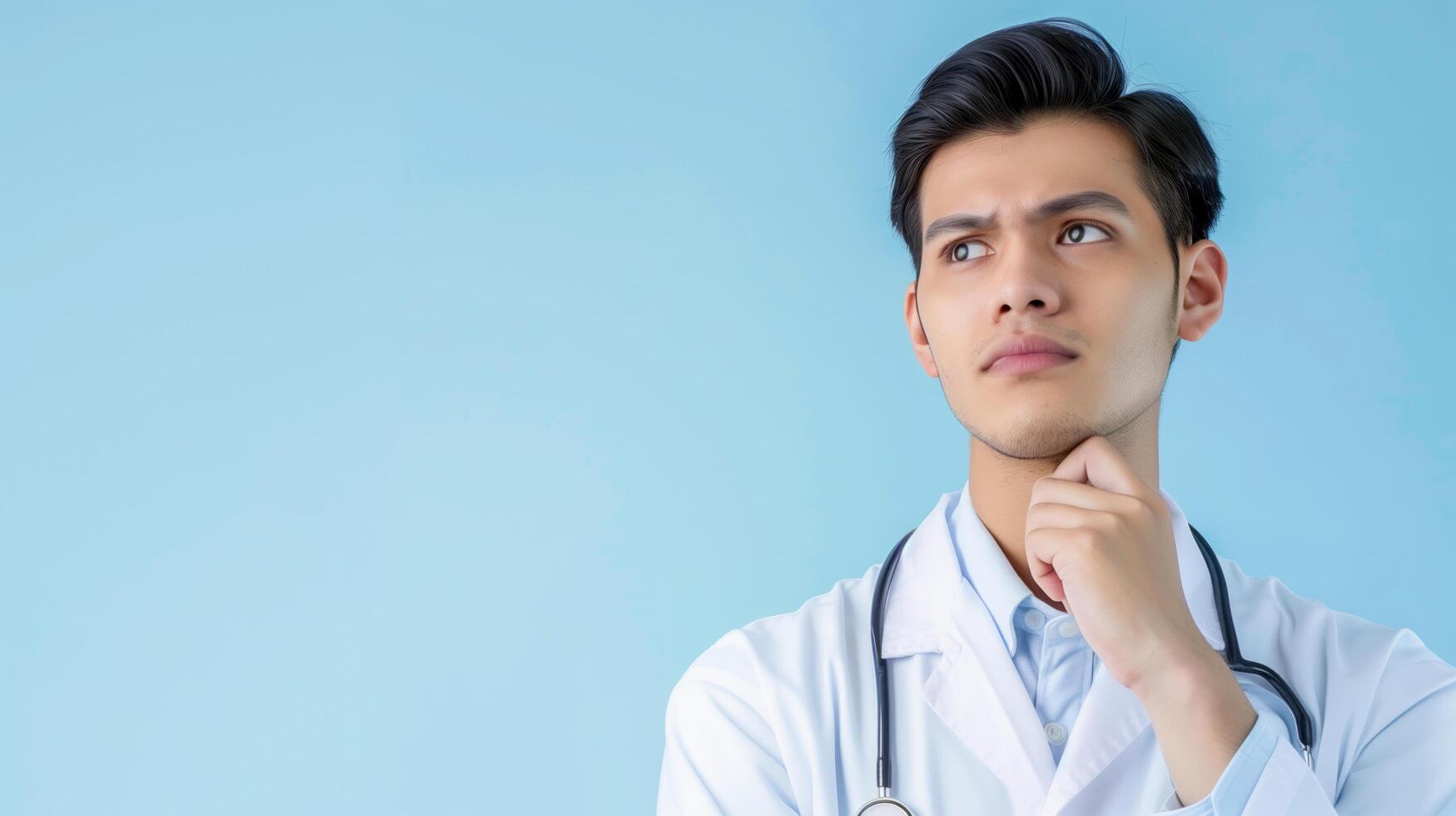 AI generated Doctor with stethoscope thinking, suitable for medical, healthcare, and science concepts, as well as doctor or scientist themes. photo