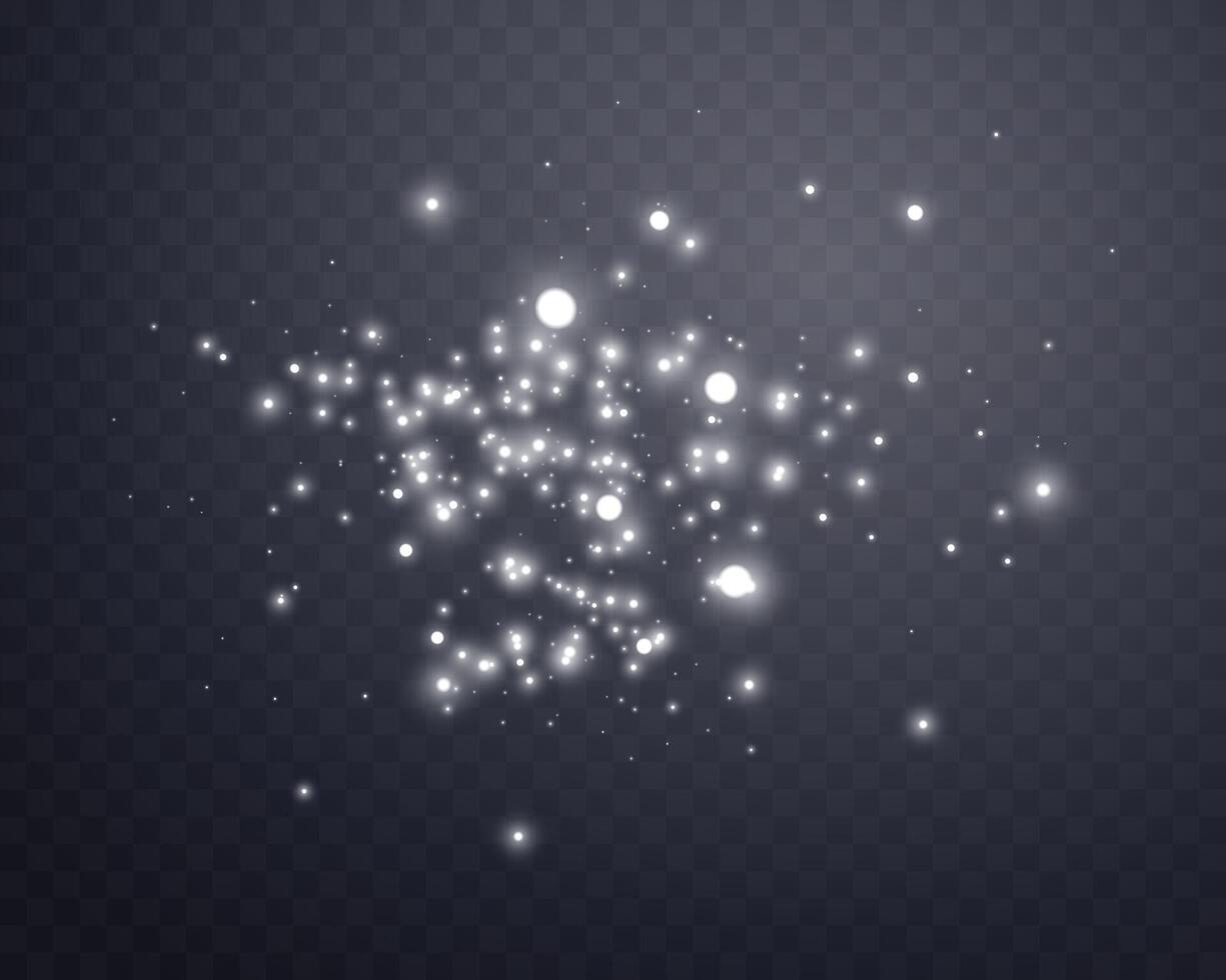 Silver magic sparks and dust stars. Glittering dots, particles, sparkles. Glow flare light effect. Silver luminous points. Vector particles
