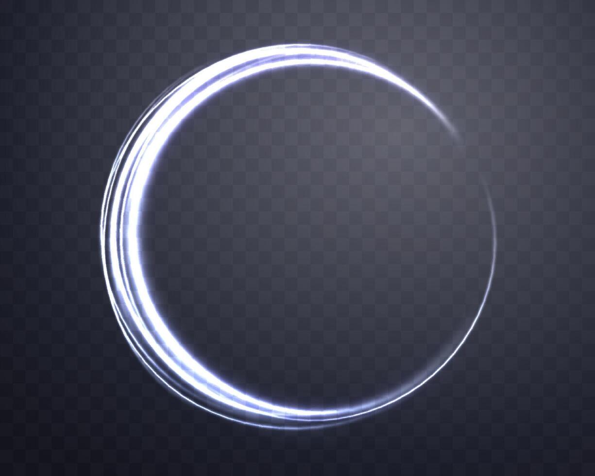 Silver magic ring with glowing. Neon realistic energy flare halo ring. Abstract light effect on a dark background. Vector illustration.