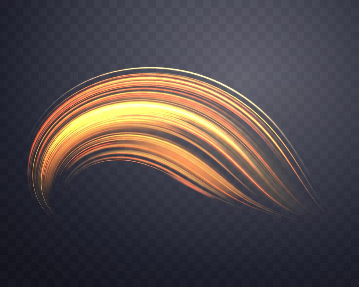 Glowing orange lines. Neon realistic energy speed. Abstract light effect on a dark background. Vector illustration.