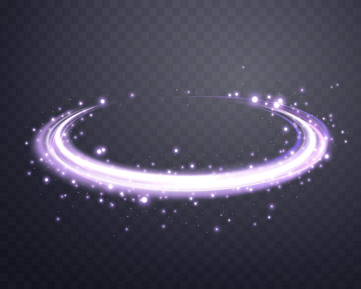 Glowing purple magic ring. Neon realistic energy flare halo ring. Abstract light effect on a dark background. Vector illustration.