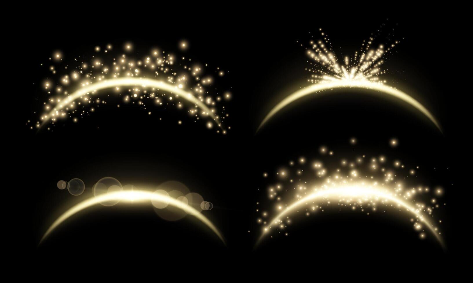 Gold magic arches set with glowing particles, sunlight lens flare. Neon realistic energy flare arch. Abstract light effect on a black background. Vector illustration.