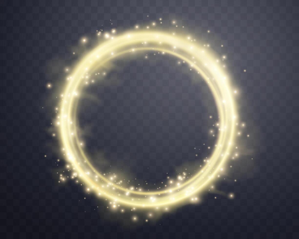 Gold magic glowing ring with smoke. Neon realistic energy flare halo ring. Abstract light effect on a dark background. Vector illustration.
