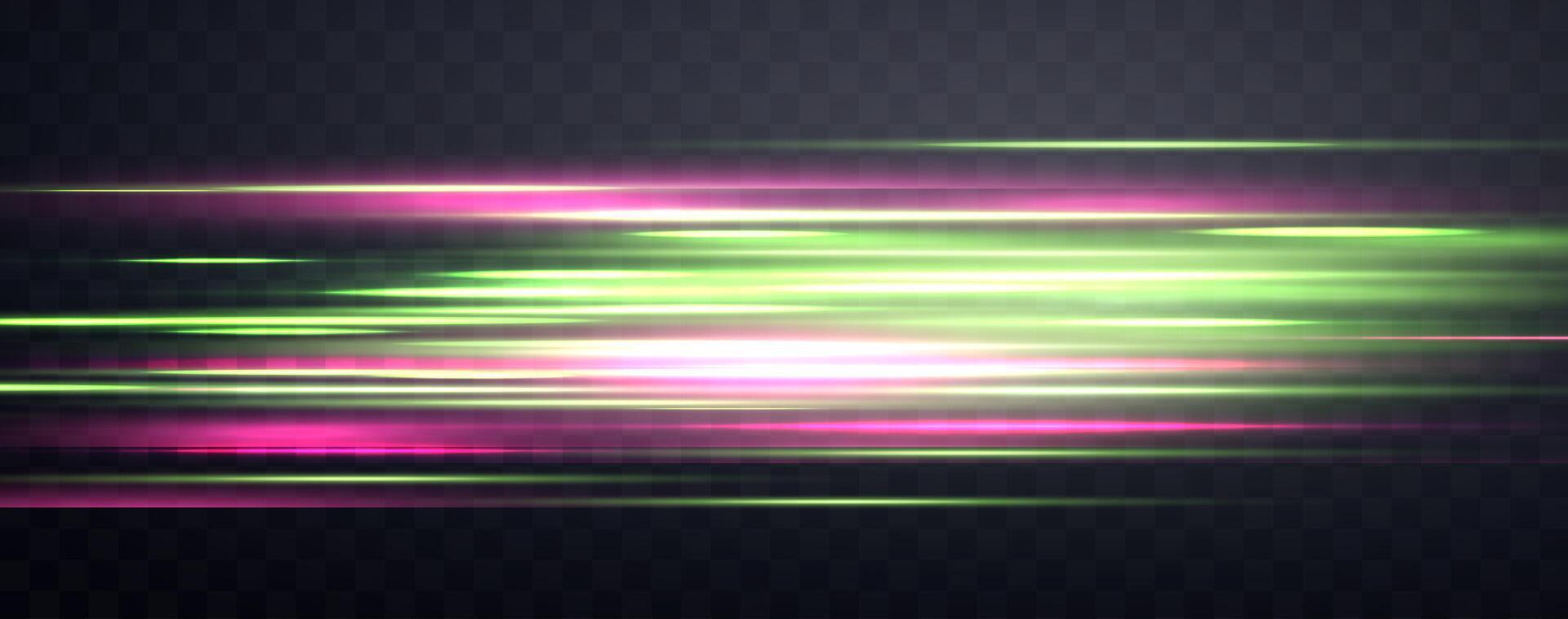 Speed rays, velocity light neon flow, zoom in motion effect, green and pink glow speed lines, colorful light trails, stripes. Abstract background, vector illustration.