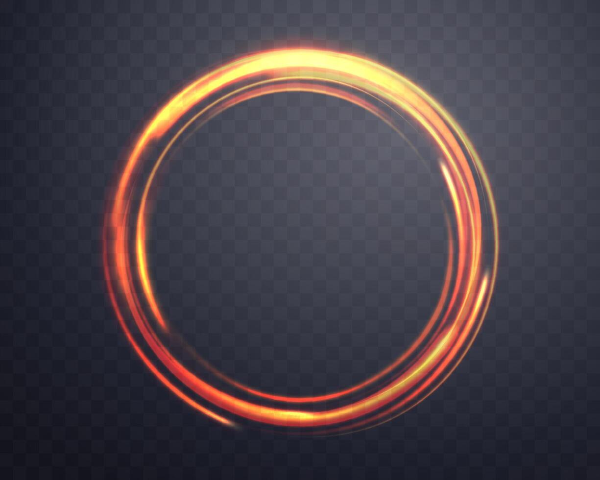 Orange magic ring with glowing particles. Neon realistic energy flare halo ring. Abstract light effect on a dark background. Vector illustration.