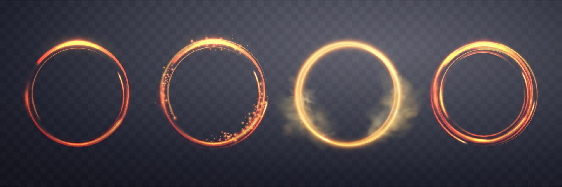 Glowing orange magic rings. Neon realistic energy flare halo rings. Abstract light effect on a dark background. Vector illustration.