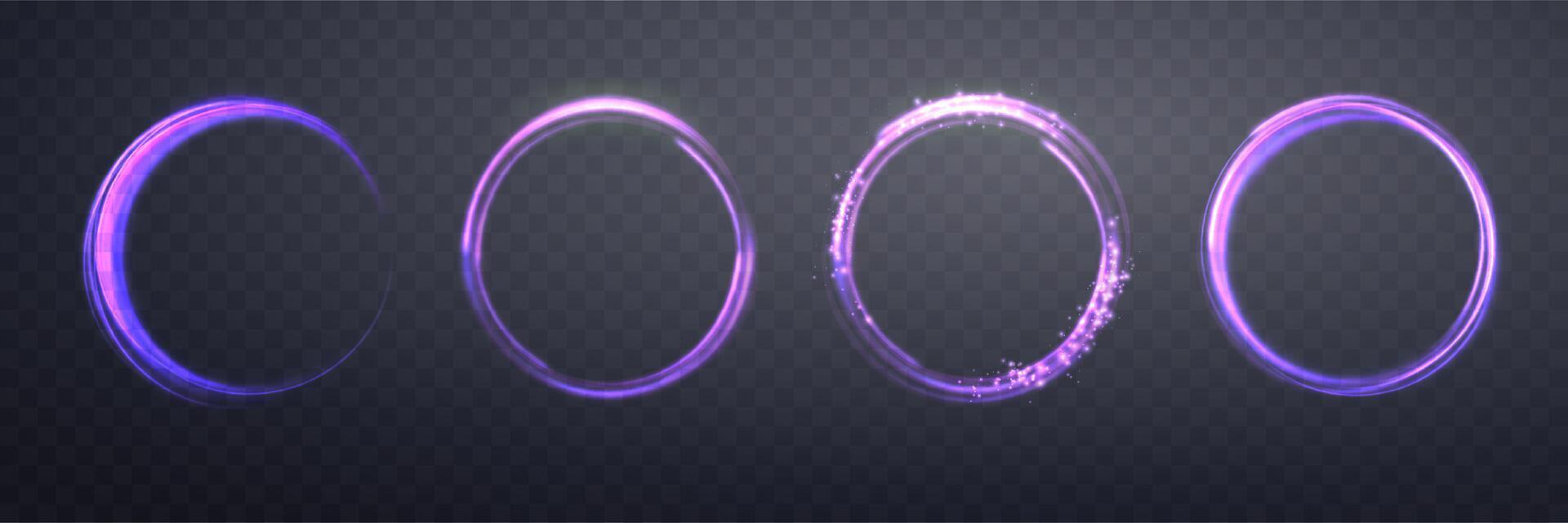Glowing purple magic rings set. Neon realistic energy flare halo rings. Abstract light effect on a dark background. Vector illustration.